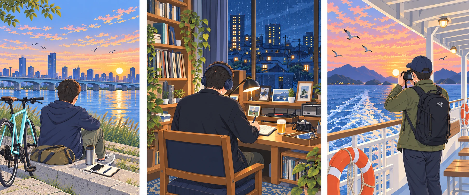 自転車で川辺に座り夕日を見る人、雨の夜に机で書きものをする人、船のデッキで夕日を撮る人