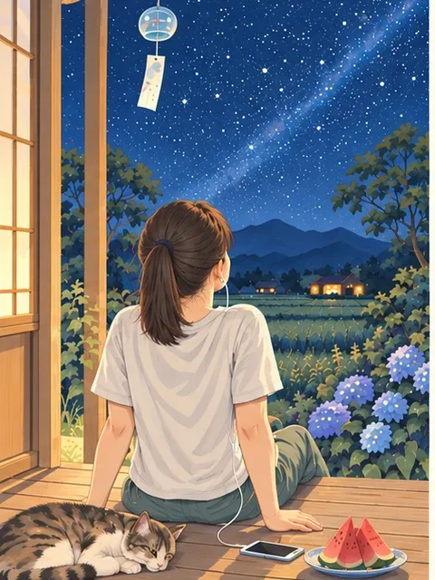 縁側で星空を見上げる人