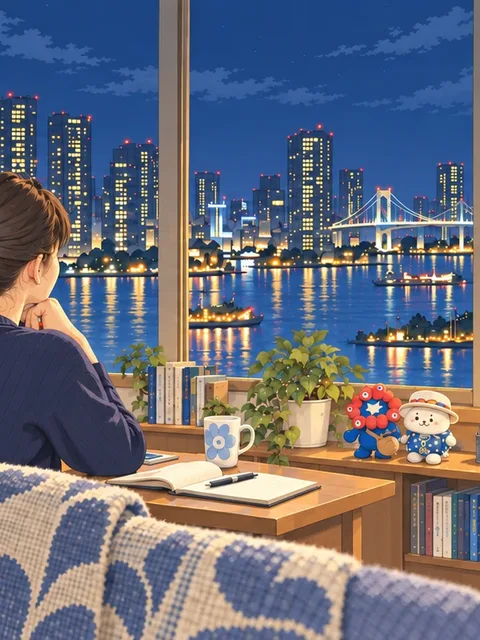 窓辺から夜の街を眺める人