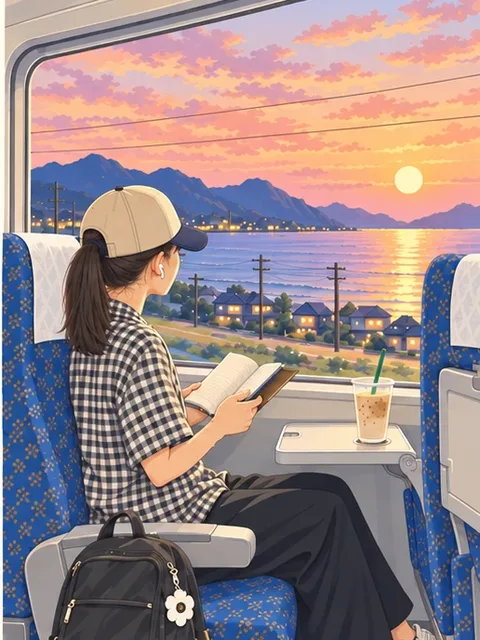 列車の窓から夕焼けを見る人