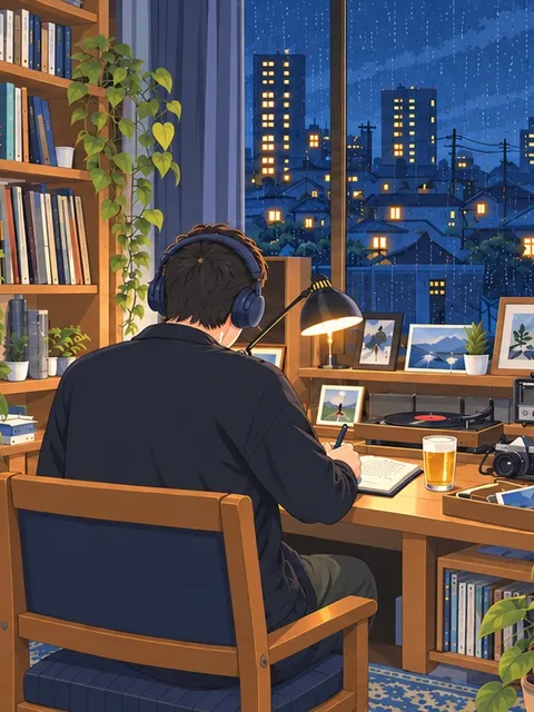 雨の夜に机で書きものをする人