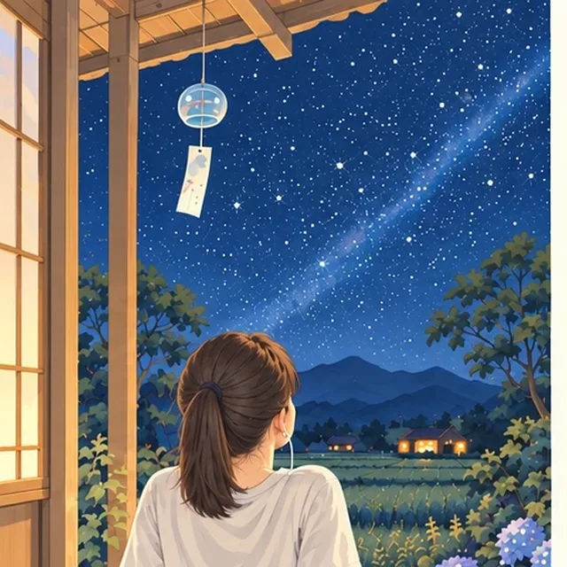 縁側で星空を見上げる人