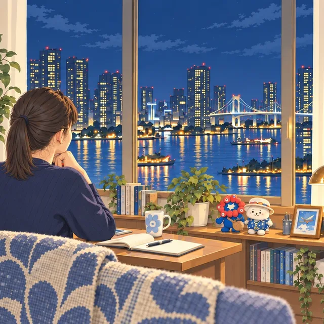 窓辺から夜の街を眺める人