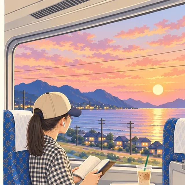 列車の窓から夕焼けを見る人