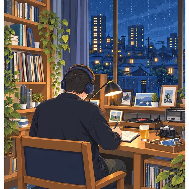 雨の夜に机で書きものをする人