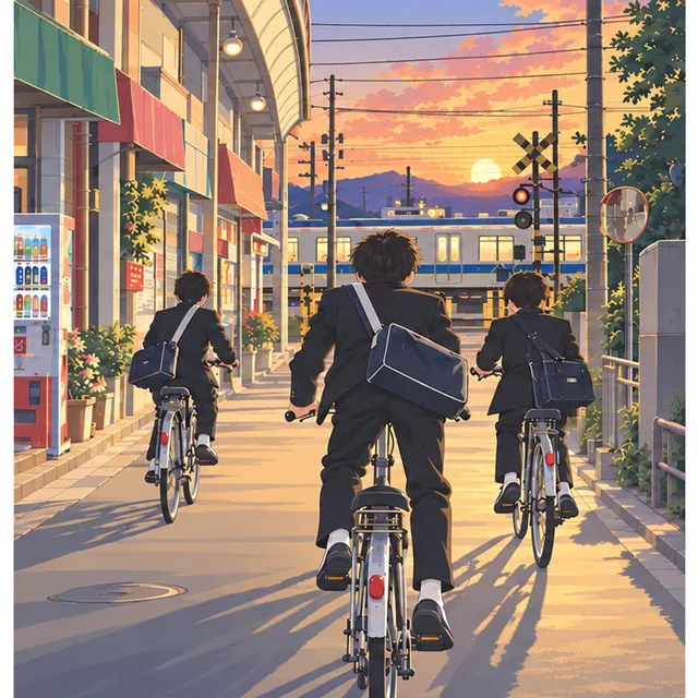 夕焼けの踏切を自転車で走る学生服の3人