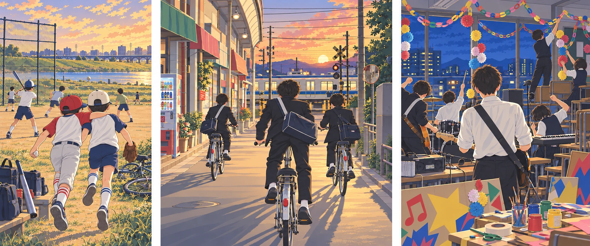 河川敷で野球をする少年たち、夕焼けの踏切を自転車で走る学生服の3人、文化祭でバンドの練習をする高校生